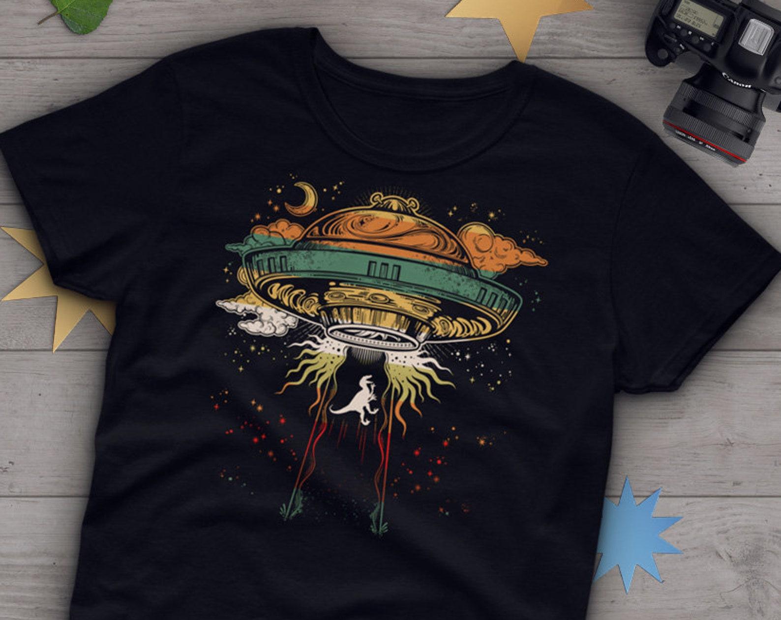 UFO Dinosaur Shirt, , Raptor Lover Gift, Cool Velociraptor T-shirt, Area 51 Top, Alien Tshirt, Extraterrestrial Fan, Funny Dinosaur 150
