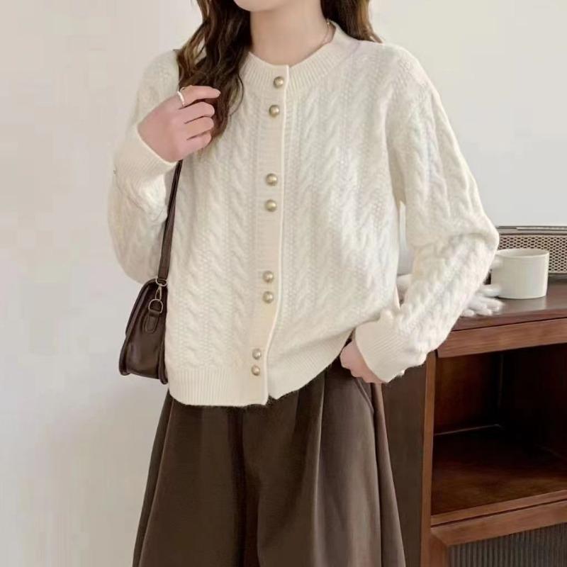 

Осень и зима новый ретро твист кардиган на пуговицах вязаный женский с круглым вырезом универсальный свободный свитер куртка тренд One Size