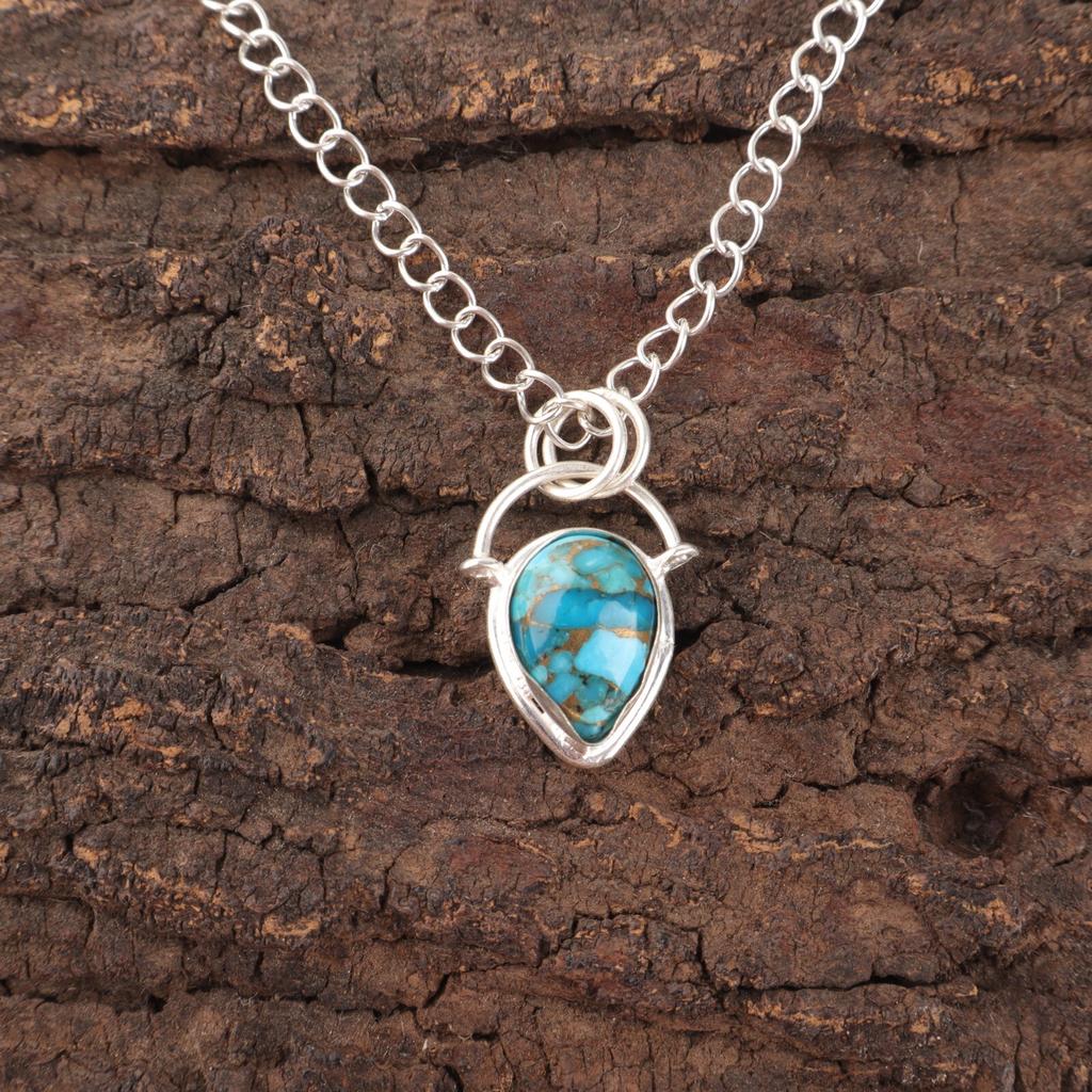 Blue Copper Turquoise Stone Sterling Silver Friendship Day Handcrafted Pendant PP-56-43