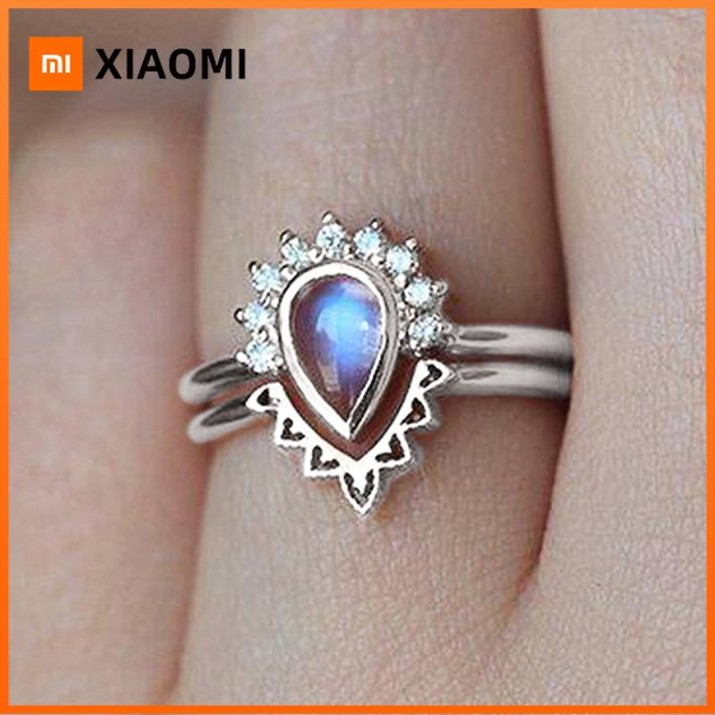 Xiaomi Huitan Elegant Women 2Pcs/Set Ring Imitation Moonstone Fancy Accessories Inlaid Shiny CZ for Party Daily Wedding Trendy Jewelry