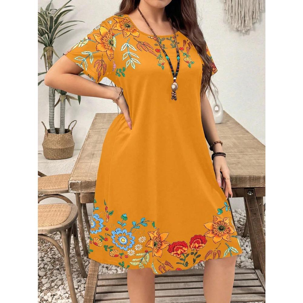 Women Floral Print Round Neck Short Sleeve Casual Dress Summer Bohemian Style Holiday Loose Oversized Dress