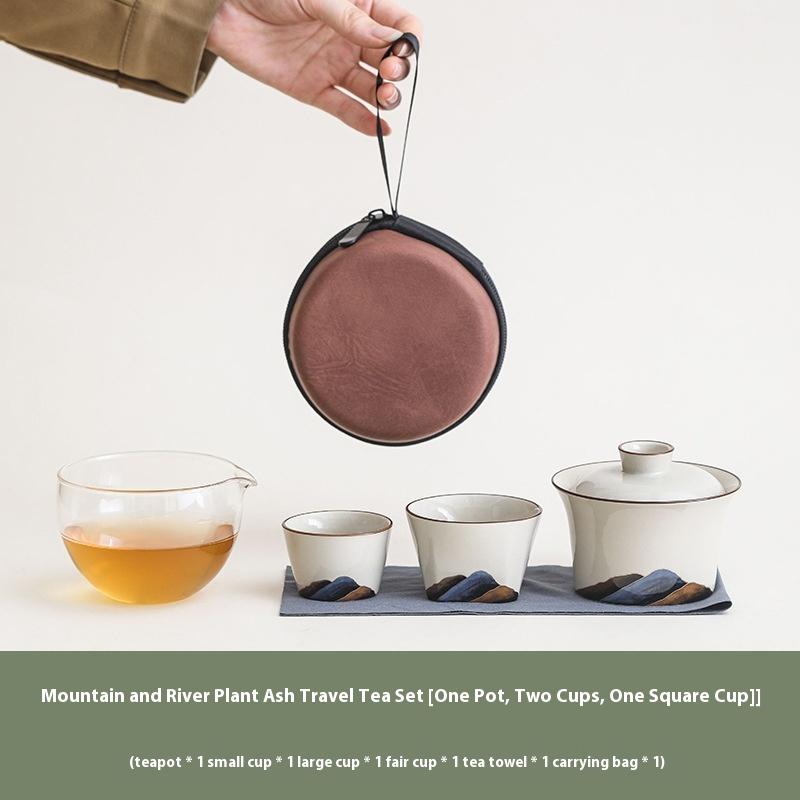 

Mountains and Rivers Grass and Wood Ash Travel Tea Set Portable Outdoor Camping Ceramics One Pot and Two Cups Express Cup