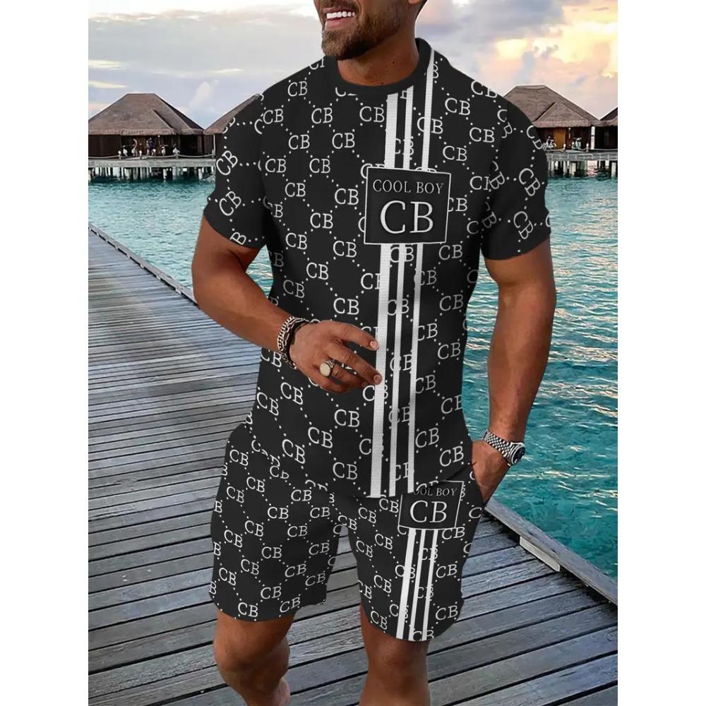 Summer Men's Clothing Letter Print Short Sleeve Top Men's Elastic Waist Shorts 2-piece Set Plus Size T Shirts Shorts Set