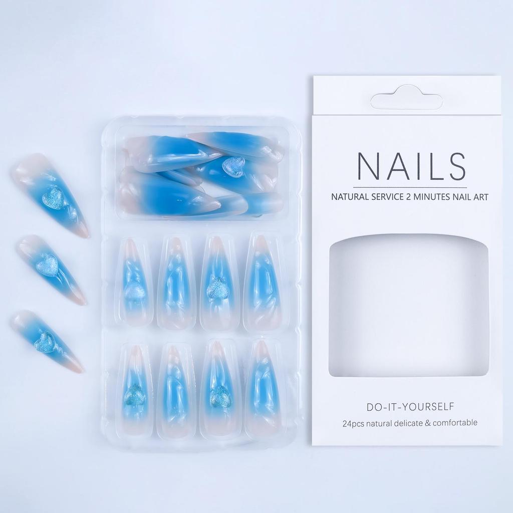 Blue Heart Gradient 3D Wearable Almond Shape Nails