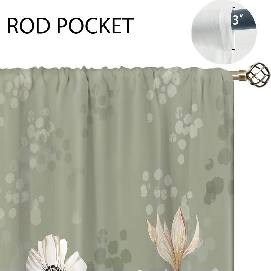 Green Boho Flower Small Kitchen Curtains Flower Plant Window Treatment Botanical Herb Chic Rod Pocket Cafe Short Window Curtains for Bathroom Dining