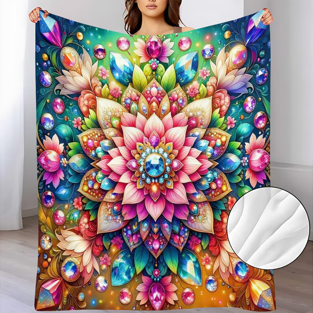 Luxury Multicolor Mandala for Flower Print Flannel Blanket - Soft Warm All-Season Bedspread, Bed Cover & Couch Throw with Turquoise, Pink, Golden, Gre