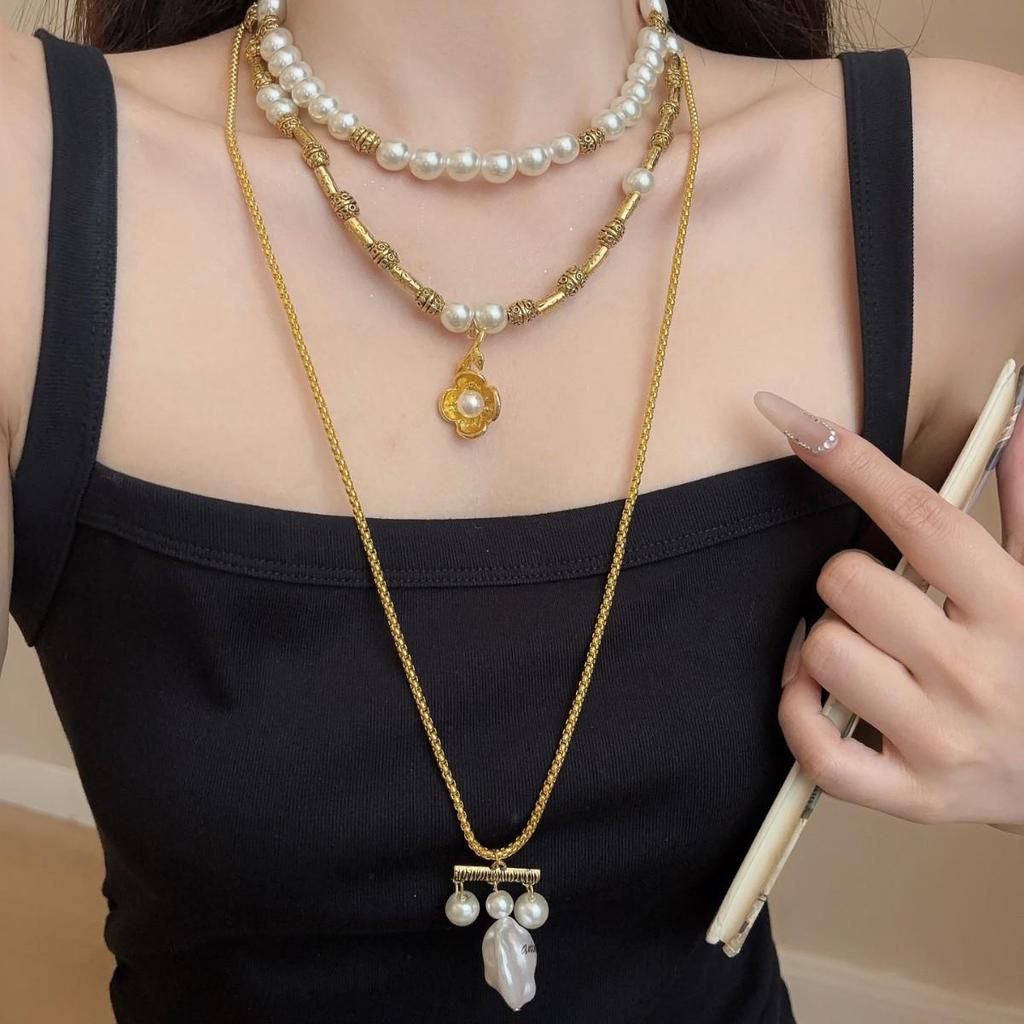 2026 European Retro Stackable Multi-Layer Pearl Necklace: Personalized Sweater Chain for Women
