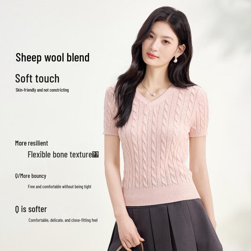 FivePlus Women s V-Neck Cable Knit Short Sleeve Top One Size