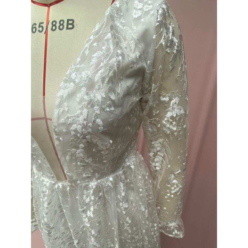 Women White Floral Lace Long Sleeve Deep V Neck Backless Sheer Tulle A Line Summer Wedding Gown Elegant Bridal Evening Prom Formal Party Maxi Dress
