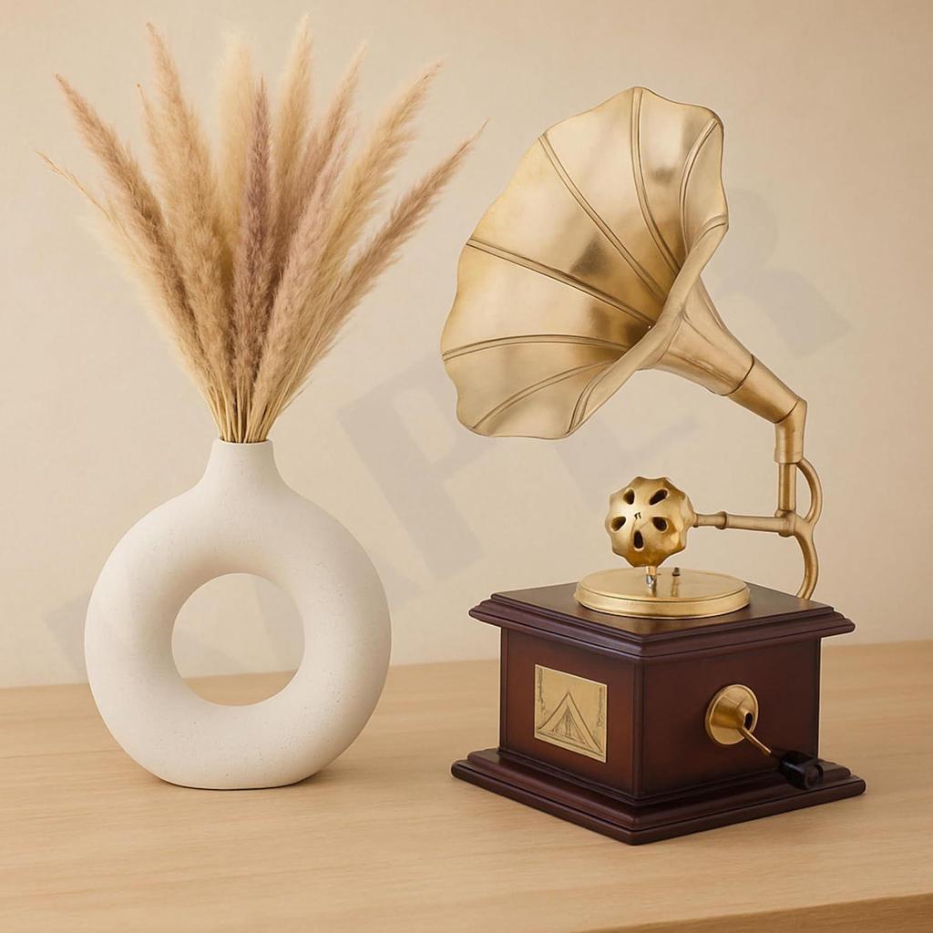 Brass Decorative Gramophone Showpiece & Ceramic Flower Vase Set | Home Decor Combo for Living Room