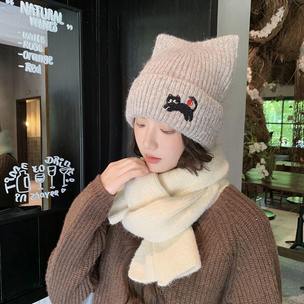 Embroidered Cat Cat's Ears Knitted Hat Soft Woolen Hat Sweet Warm Cap  Outdoor