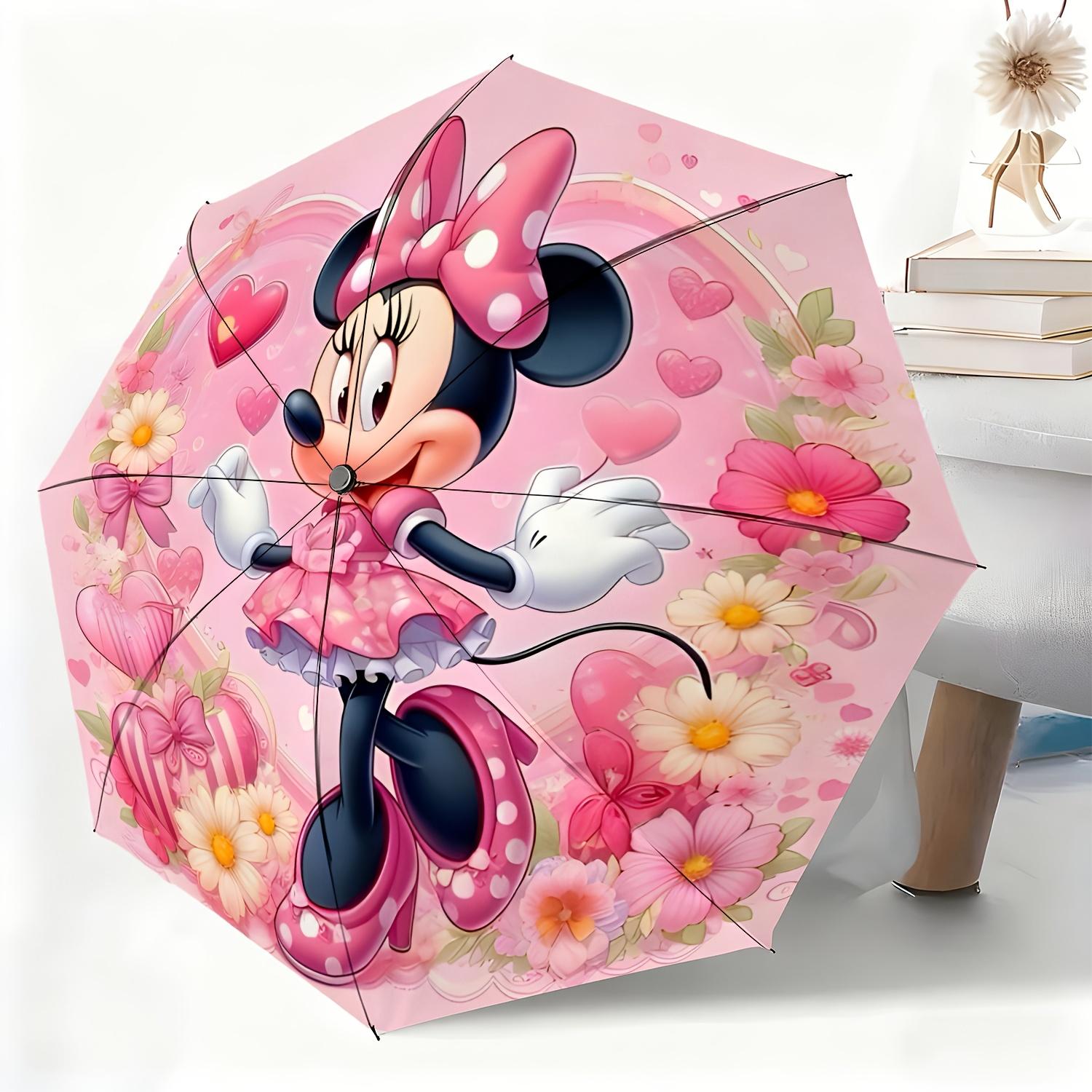 

Disney Minnie Mouse Pink Heart & Floral Print Folding Umbrella, Windproof Auto Open/Close Travel Umbrella, Portable Waterproof R (as the picture,Iron&8K)