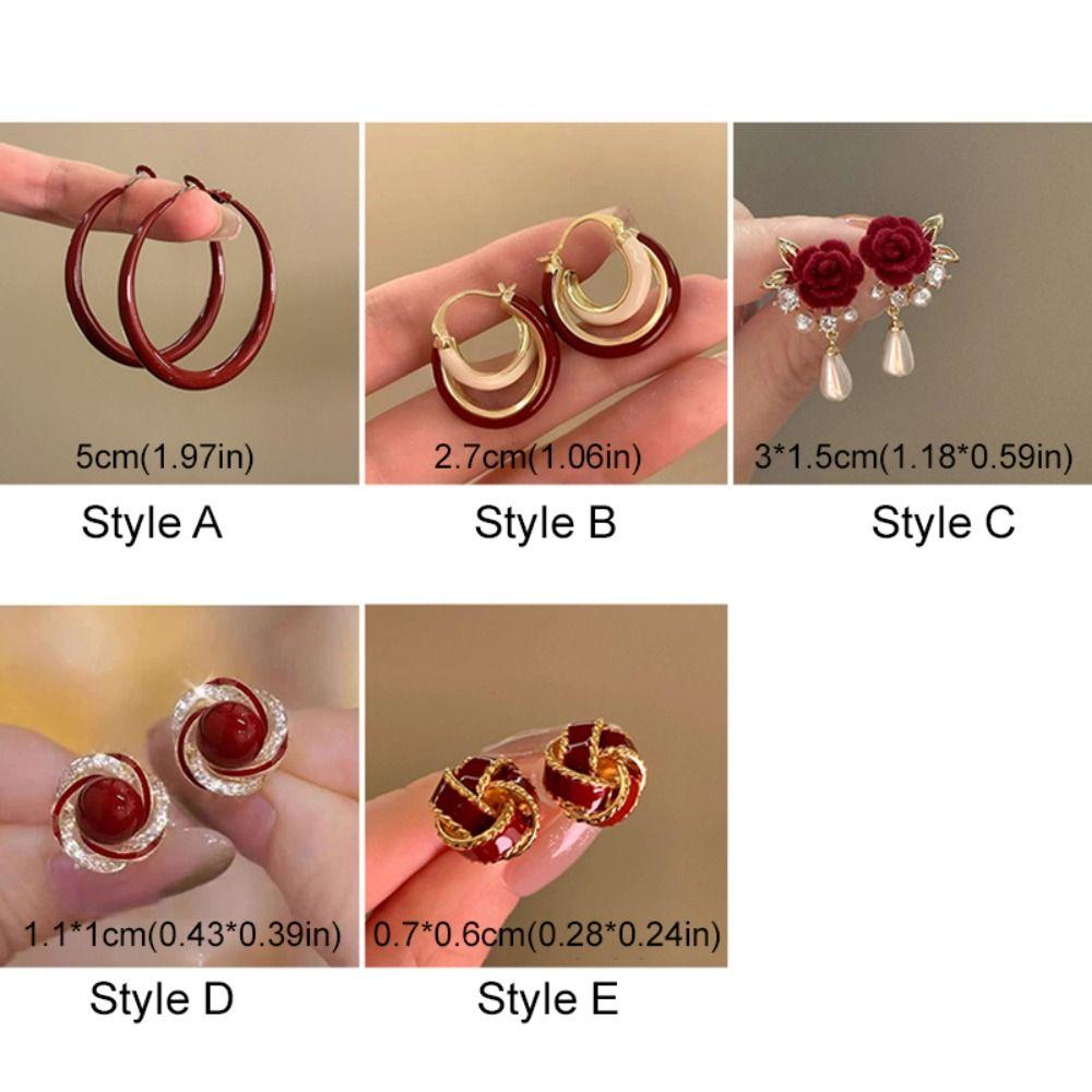 Vintage Rose Pearl Ear Studs Geometric Autumn Winter Earring Wine Red New Year Earring  Sweater
