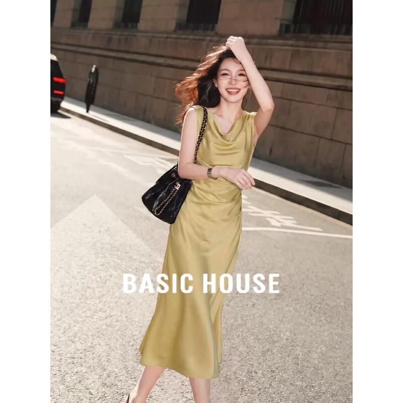 Basic House Draped Neck Pleated Waist Sleeveless Dress L