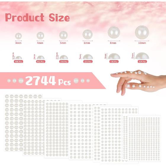 2744 Pcs Hair Pearls Stick On, Self Adhesive Pearl Stickers, Pearl Stickers for Crafts, Stick On Pearls, Hair Face Gems, Face Pearls, Beige Pearl