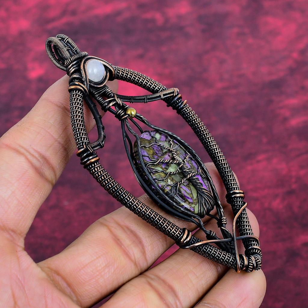 Tree Of Life Copper Stichtite Gemstone Pendant Rainbow Moonstone Pendant Copper Wire Wrapped Pendant
