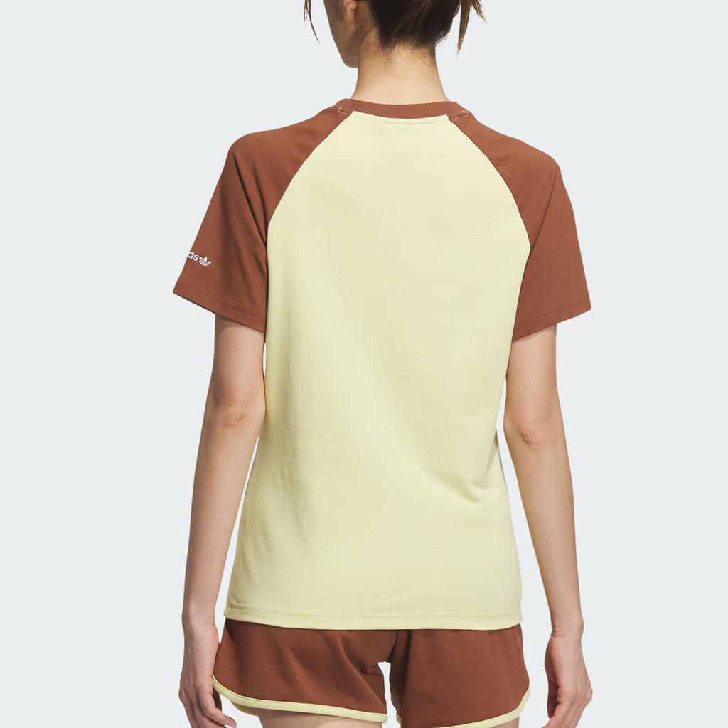 adidas Originals Retro Camp Graphic Loose Comfortable Simple Round Neck Short Sleeve Raglan T-Shirt Women T-Shirt Powder-Yellow Soft-Brown JM8007