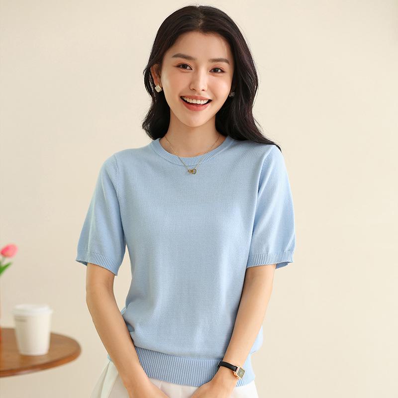 Spring Cotton Knit Short Sleeve Outerwear - Round Neck Loose Fit Solid Color Top