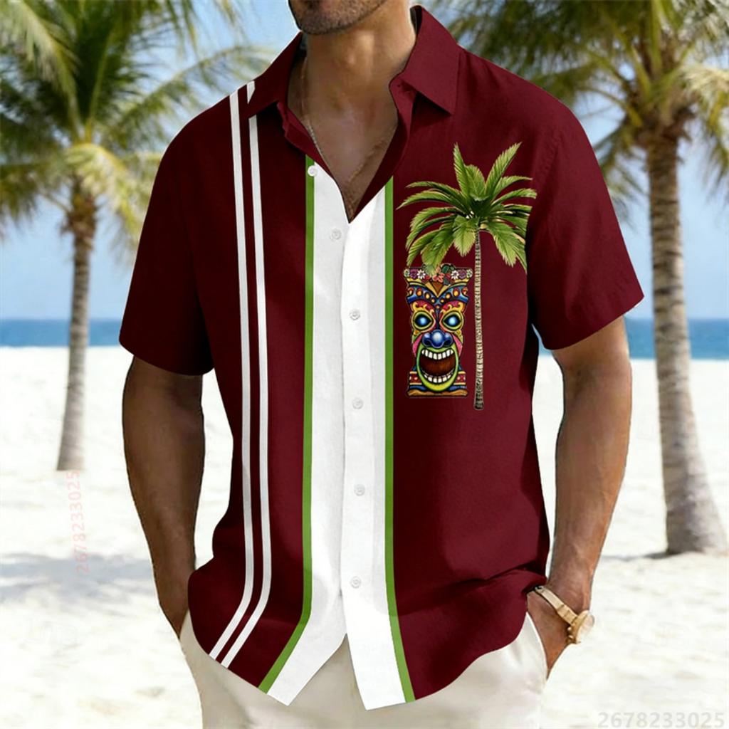 Men's color-blocked striped short-sleeved shirt, Hawaiian-style totem coconut tree print casual vacation top, Hawaiian shirt