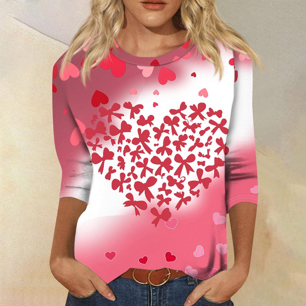 Women's Fashion Casual Round Neck 3/4 Sleeve Loose  Printed T-Shirt Ladies Top