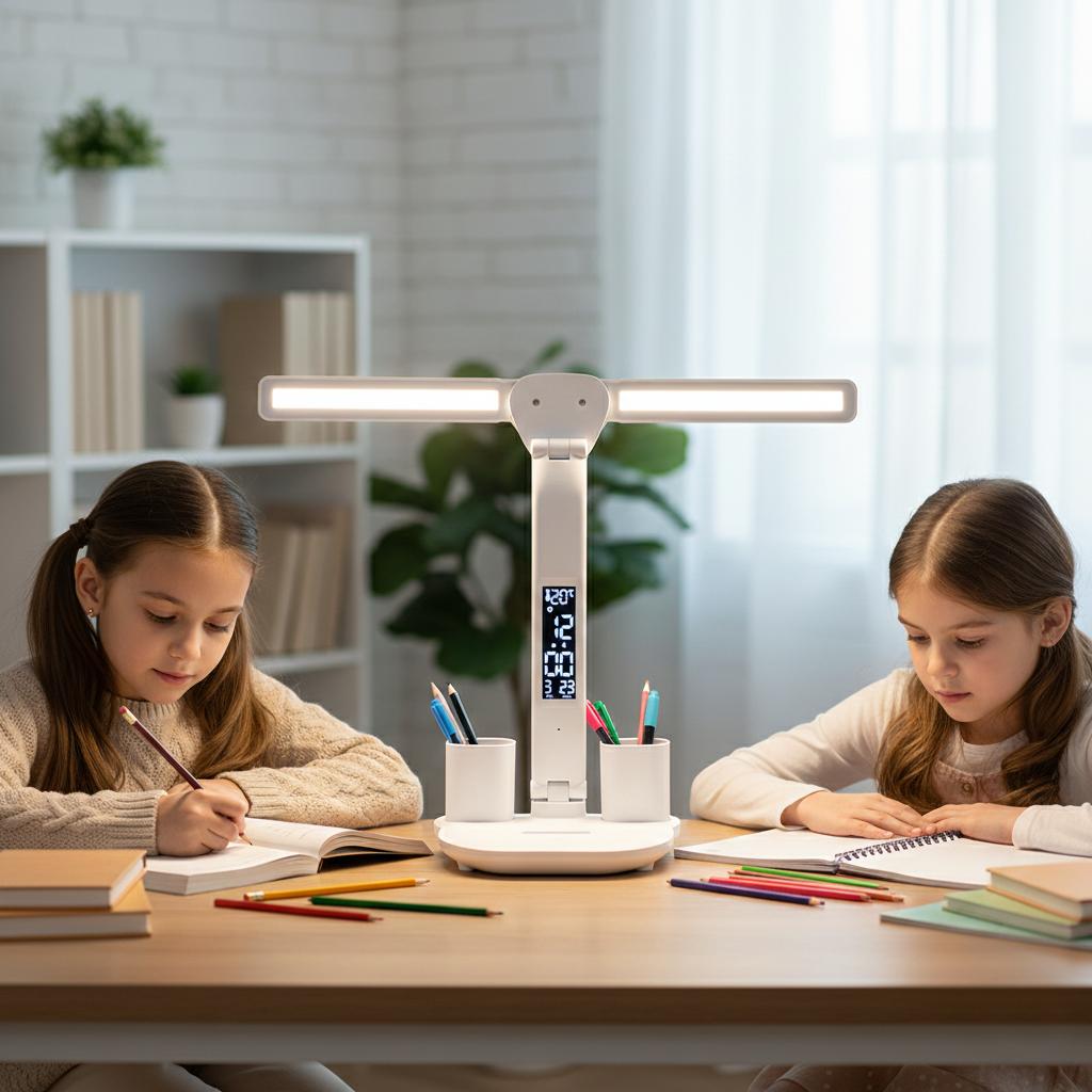 LED desk lamp with display, drafting clock, dual temperature