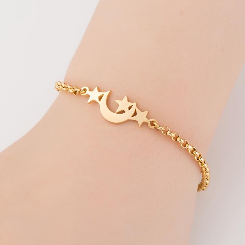 1pc Stainless Steel Women'S Fashion Chain Pendant Bracelet, Five-Pointed Star Moon Shaped Men'S Bracelet,