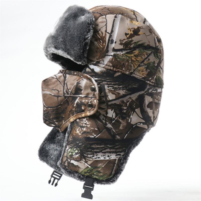 Winter Warm Fleece-lined Military Style Beanie Hat With Camo Leaf Print Soviet Emblem Men Women Outdoor Use