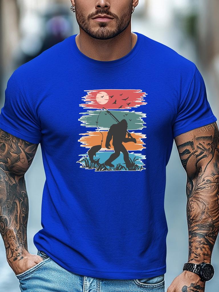 Mens Summer Fishing TShirt Bigfoot Catch Fish Print Short Sleeve Round Neck Breathable Soft Outdoor Daily Wear