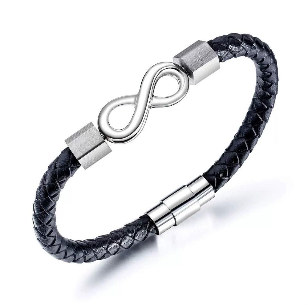 Infinity Bracelet Stainless Steel Personalized  Mens Braided Genuine Leather Bracelet Bar Engrave Name Charm Bracelets for Men