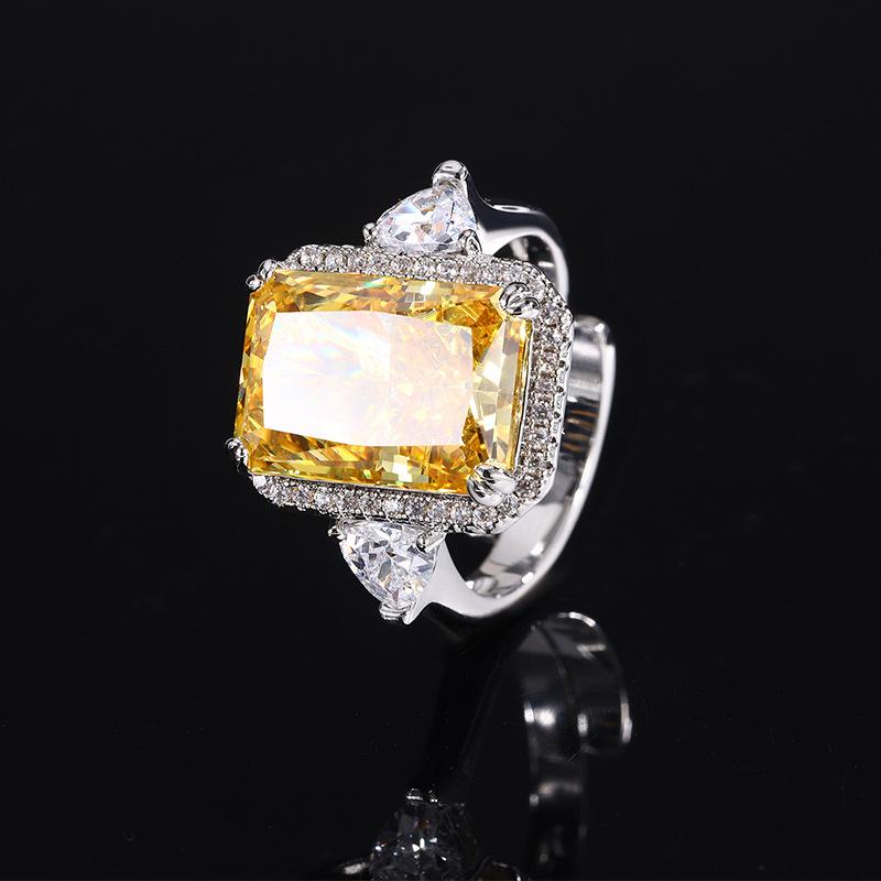 Jewelry Copper Bottom Gold-Plated High Carbon Diamond Ice Flower Square Diamond Copper Inlaid Temperament Light Luxury Rectangular Ring Women 10 * 14