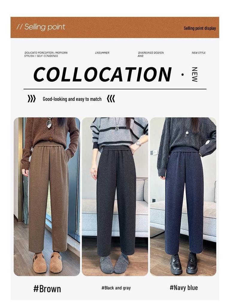 Women's Small Harem Pants - Autumn/Winter, 8/9 Length, Plus Velvet Thick Wool, Elastic Waist Casual Sweatpants