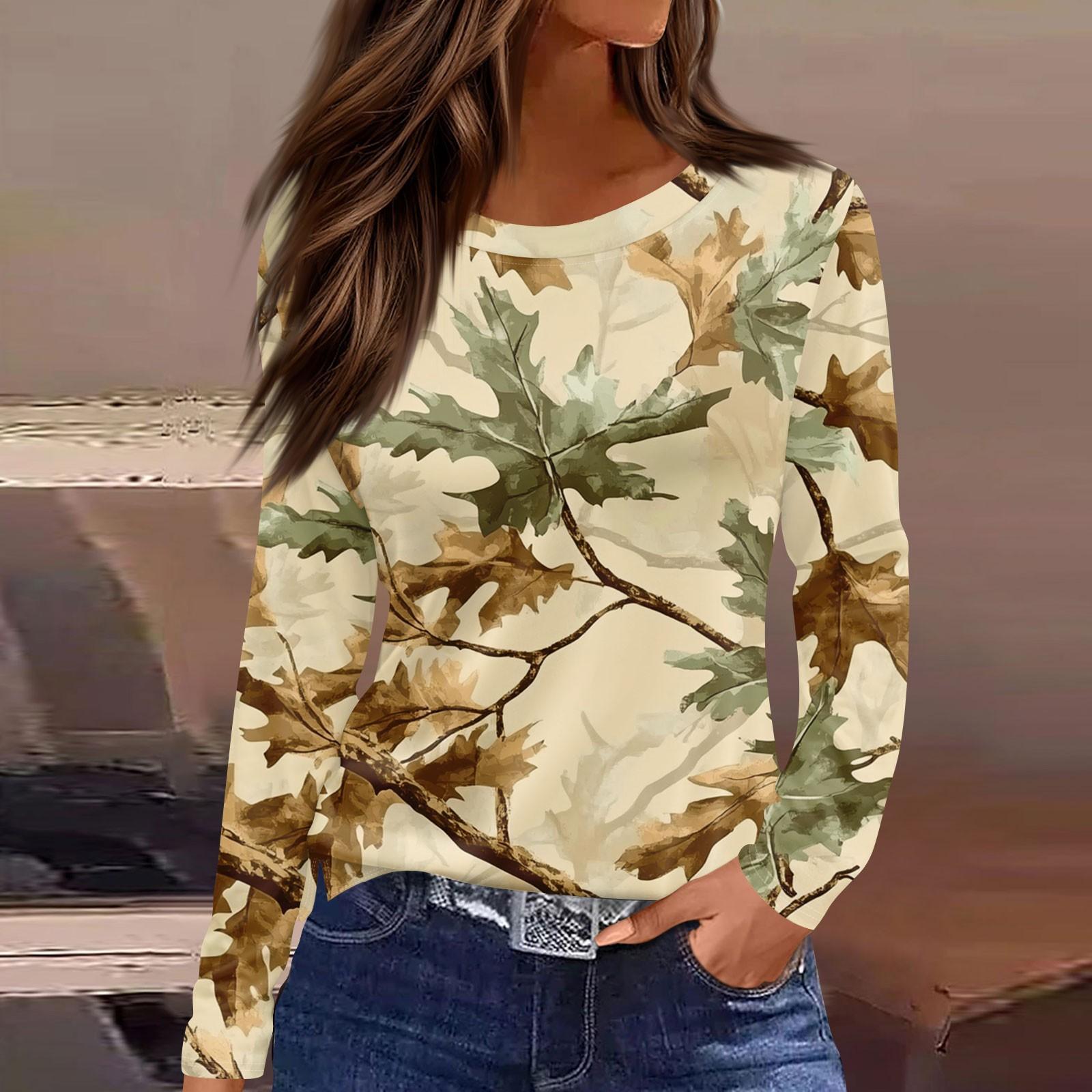 

Женская мода повседневный топ с разрезом по низу и принтом мертвых листьев, круглый вырез, длинный рукав S