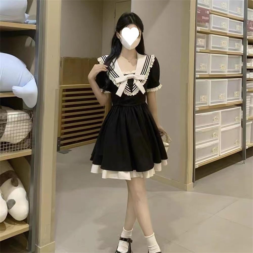 Sailor Collar Dress with Lace and Short Mini and High Cute Lolita Princess Style Dress for School Girls and Perfect for [SDSXZWG] Women's Ribbon,