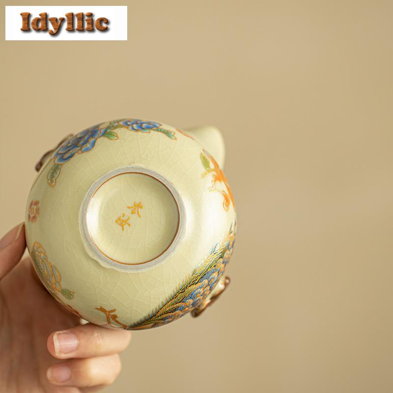 200ml Ru Kiln Flowers and Birds Hand Grab Teapot Elegant Tea Infuser Pot Tea Maker Kettle with Strainer Drinkware Collection