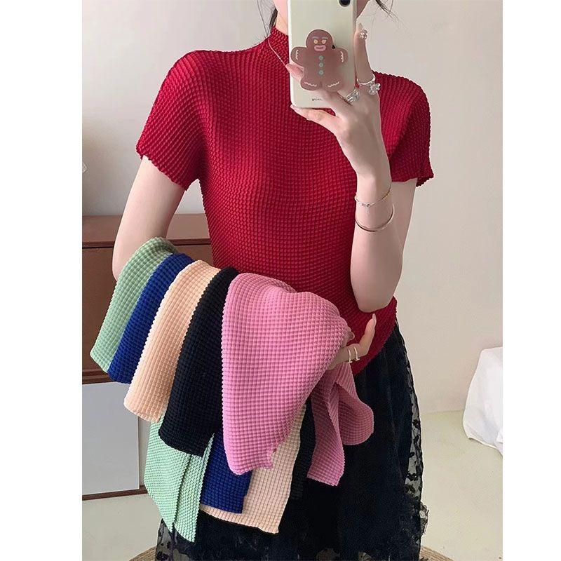 Top Estivo Magico Casual Sottile da Donna Vintage Stropicciato Manica Corta Collo Alto Aderente