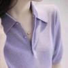 New Women's Summer Lapel Temperament White Purple Short-sleeved Ice Silk Knitted Sweater