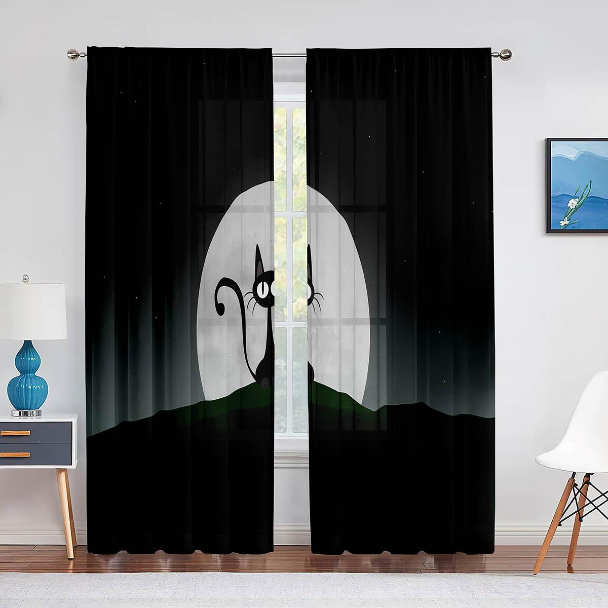 Прозрачные шторы с милым котом в стиле фэнтези для гостиной — фото 12