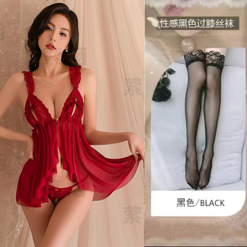 Sexy underwear sexy pajamas female seduction chest split hollow suspender perspective nightdress
