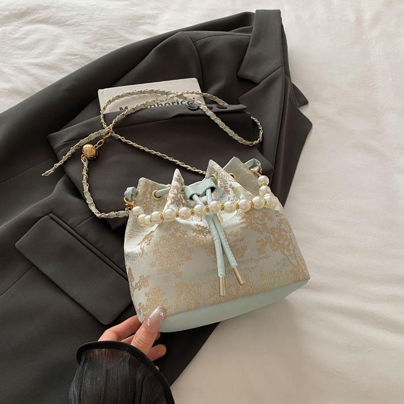 Новый китайский стиль большая вместимость 2025 новый стиль ципао жемчужный зарубежный стиль затягивающийся пояс китайский стиль кроссбоди портативная сумка-ведро