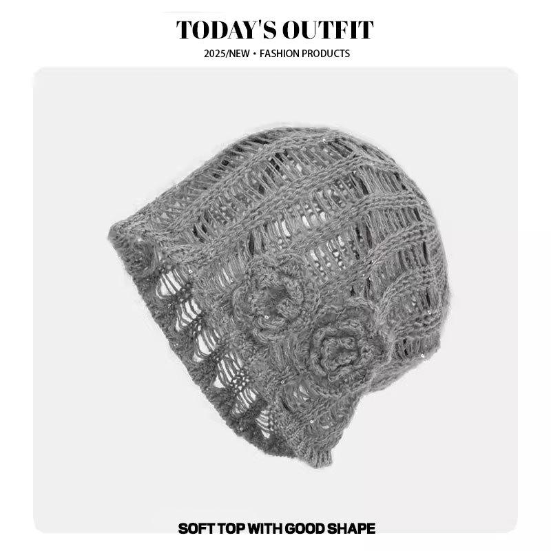 New Spring and Summer Korean Three Dimensional Flower Hollow Pink Knitted Hat for Women with Niche Face Showing Small Wool Hat