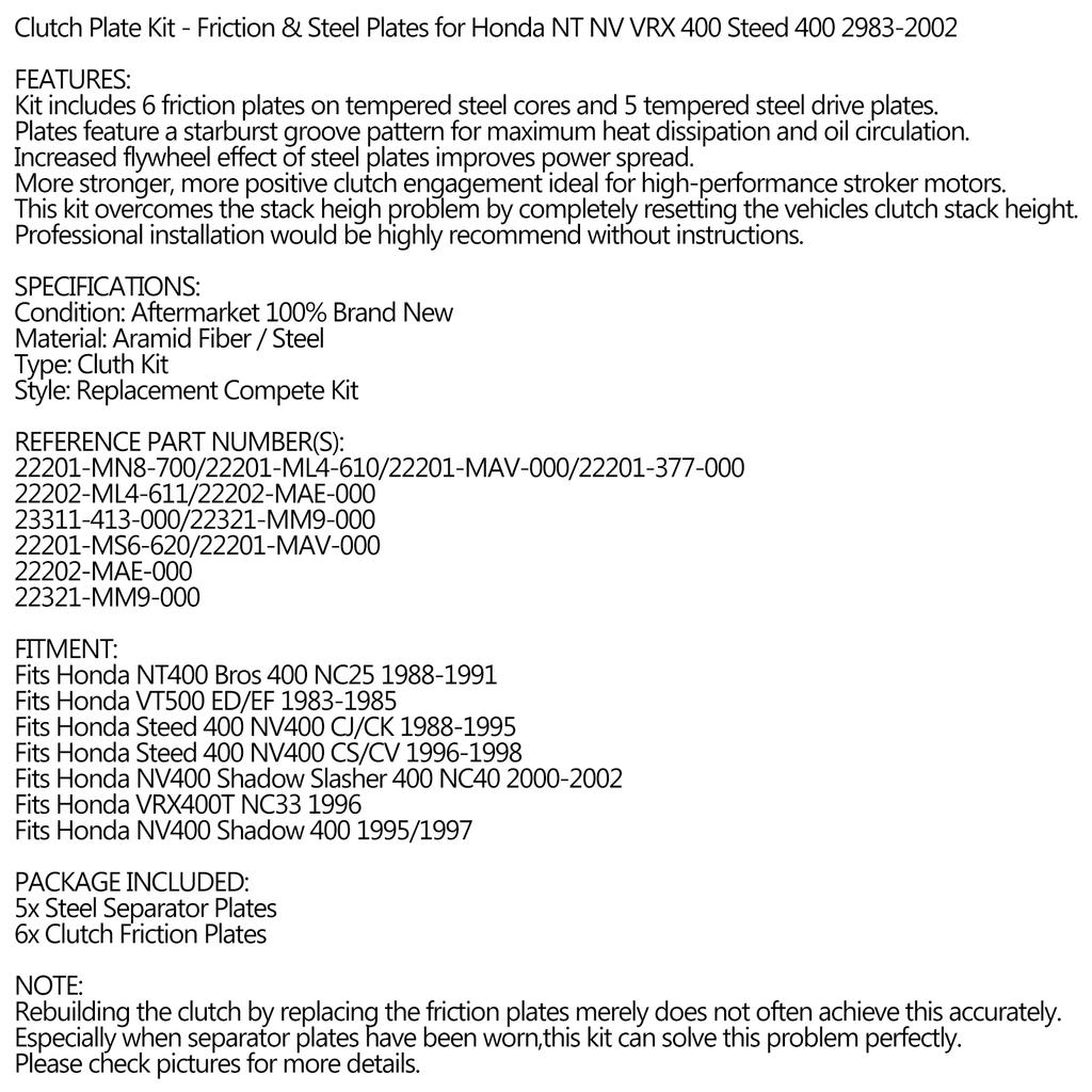 Clutch Kit Iron Friction Plates for Honda NT NV VRX 400 Steed 400 1983-2002