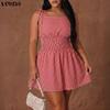 VONDA Women Sleeveless Elastic Waist Plaid Print Ruffled Casual Mini Tank Dress