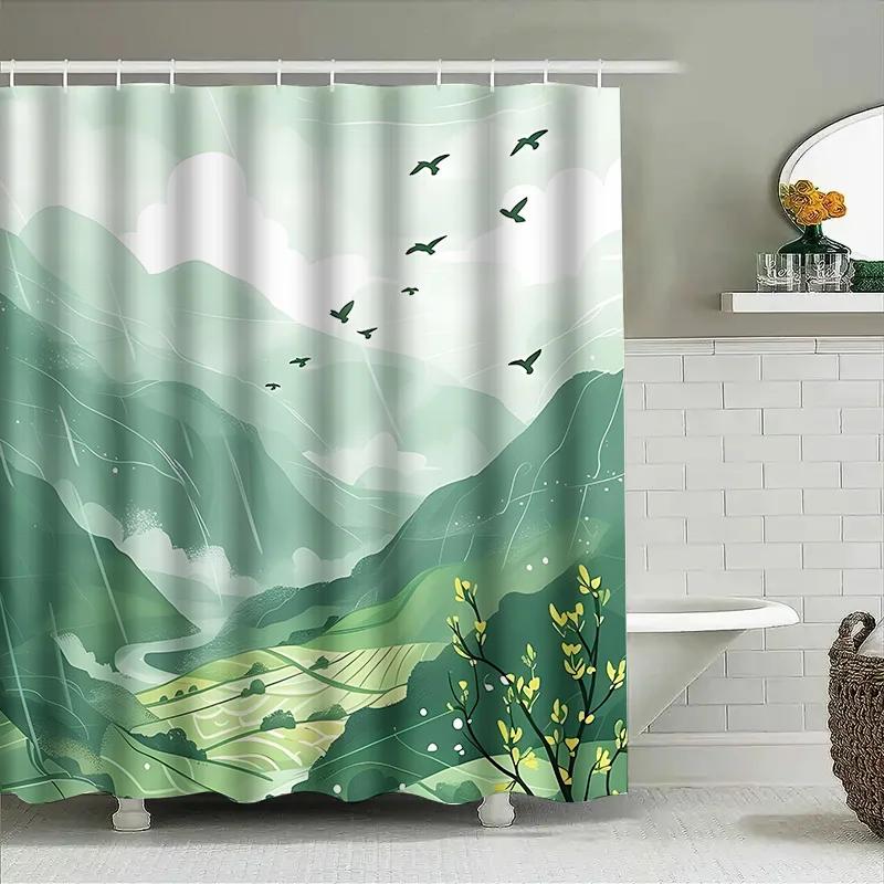 

Elegant Green Mountain Landscape Shower Curtain – Nature Inspired Home Decor Waterproof And Durable Easy To Clean And Maintain W60H190(CM)-1 Pcs