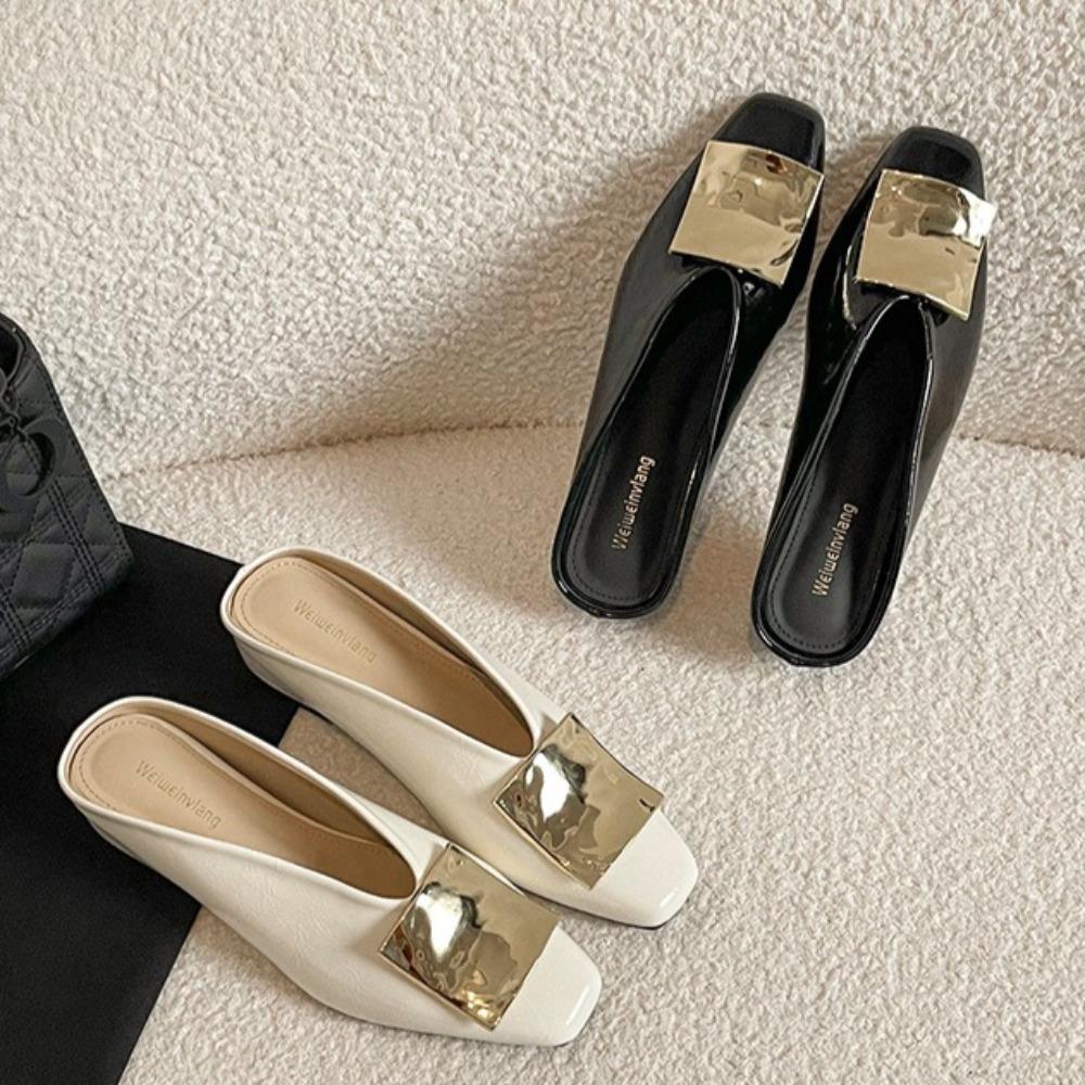 Fashion Slippers Women's Sandals Metal Square Buckle Premium Square Head Half Slippers Women's Retro Flat Bottom Bag Head Cool Slippers
