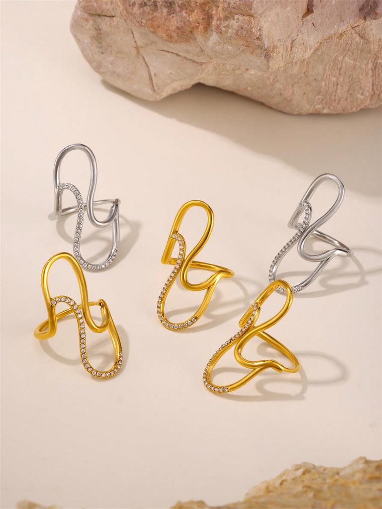 1 Fashion Niche High-end Exaggerated Stainless Steel 18K Gold Plated S-Wire Diamonds Open End Women's Ring