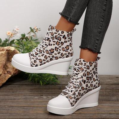 Sexy Leopard Wedge Heel Lace Up Canvas Shoes Women 2025 Autumn Round Toe Medium Heel Shoes Thick Bottom Ankle Boots