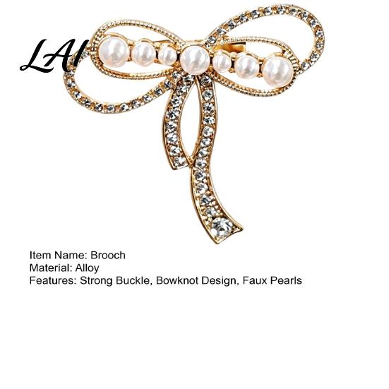 Electroplated Brooch Bowknot Design Brooch Strong Buckle Fastening Pin with Faux Pearls Secure Clasp Rhinestones Electroplating Anti-Oxidation Badge