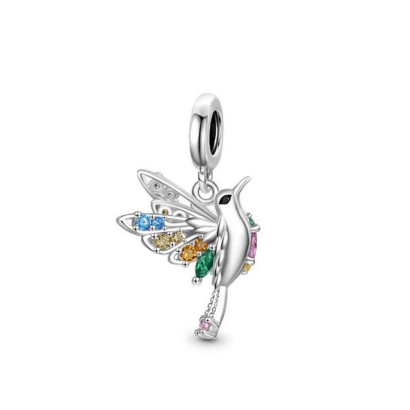 NEW Fine S925 Silver Pink Glass Flamingo Dangle Bead Pendat Fit Original  Bracelet Jewelry Shiny Colored Zircon Bird Charm