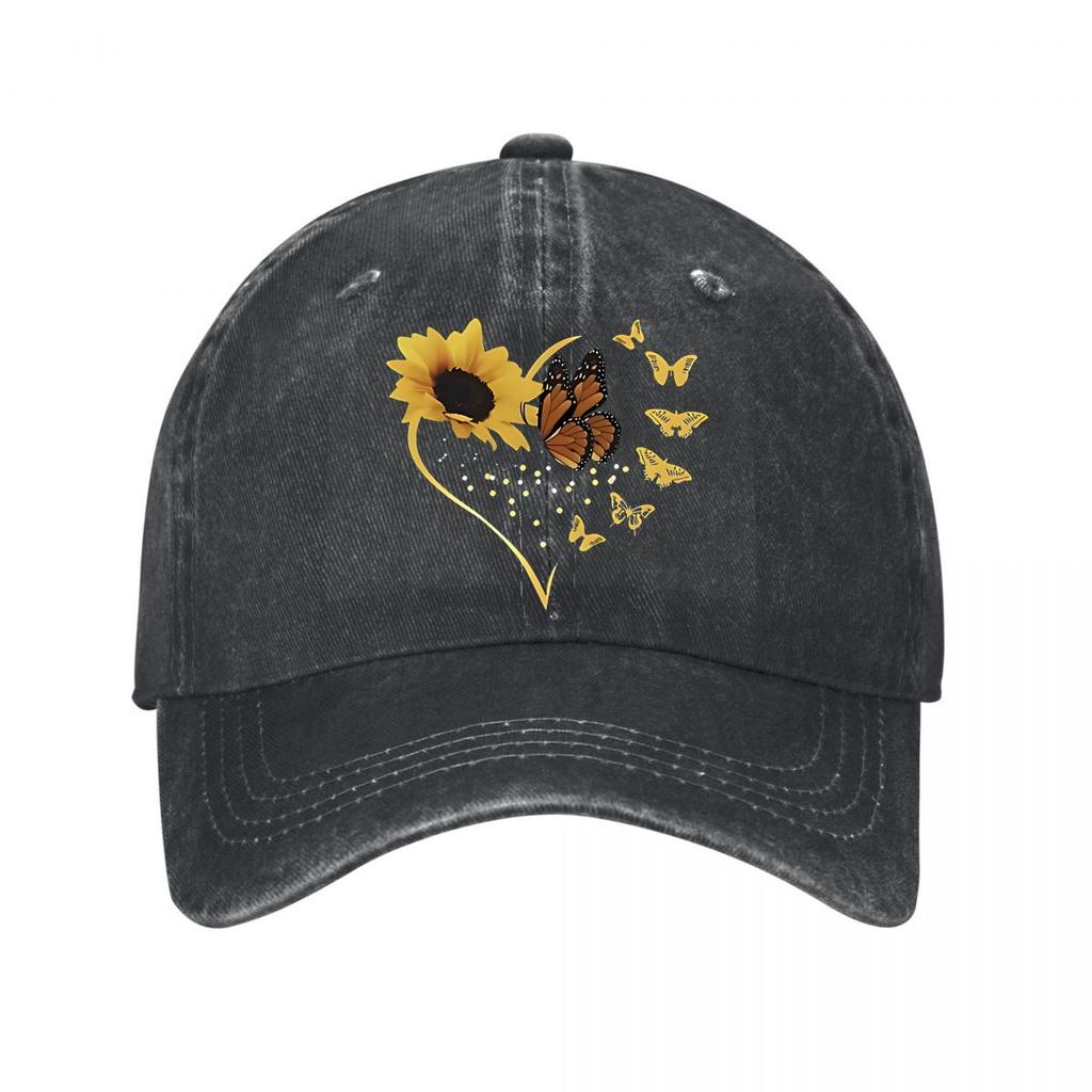 Golden Sunflower Butterfly Heart Wall Art New Vintage Washed Cotton Baseball Cap Parent Kids Sun Hats