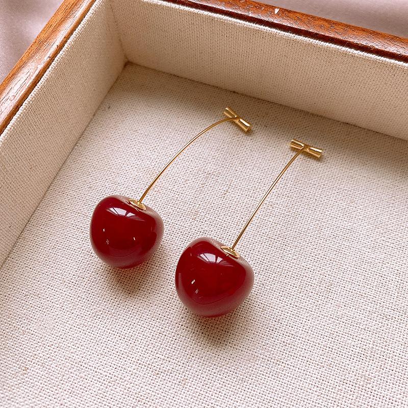 Dark Red Cherry Dangle Earrings for Women Trendy Fruit Cute Acrylic Round Long Cherries Drop Earrings Party Elegant Jewelry Gift